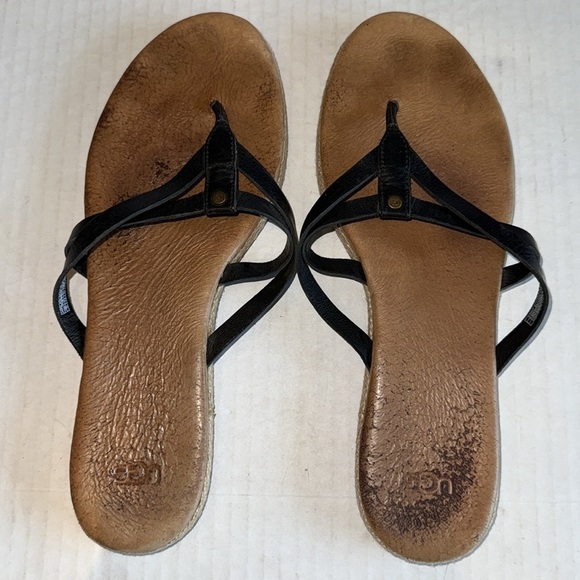 Ugg Black Leather Straps And Jute Flip Flop Sandals - Picture 7 of 12